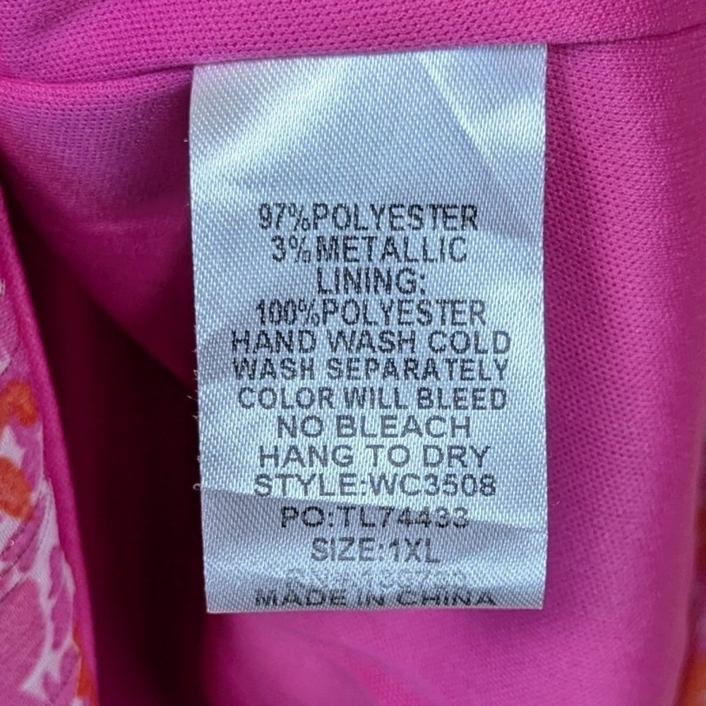 Umgee Boho Tropical Ruffle Hot Pink Floral Smocked Mini Dress 1X Metallic Stripe - Picture 5 of 8